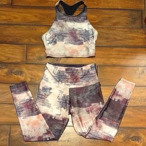 Onzie Tie-Dye Ribbed High-Neck Sports Bra & Leggings Set in Cream, Purple, Pink